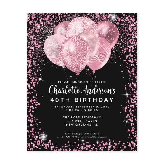 Budget Black Blush Pink Glitter Balloon Birthday Flyer