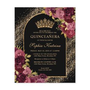 Budget Black Burgundy Glam Gold Floral Quinceanera