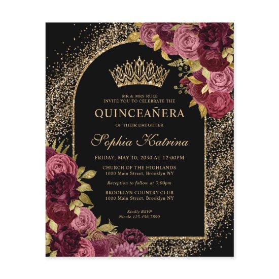 Budget Black Burgundy Glam Gold Floral Quinceanera