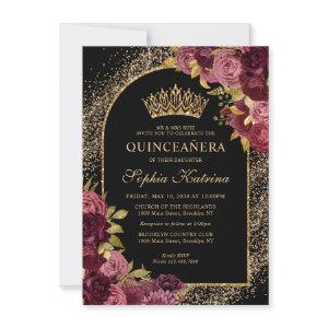 Budget Black Burgundy Glam Gold Floral Quinceanera Note Card