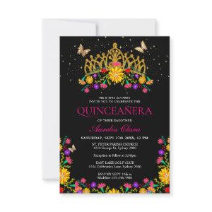 Budget Black Fiesta Floral Gold Tiara Quinceanera Note Card