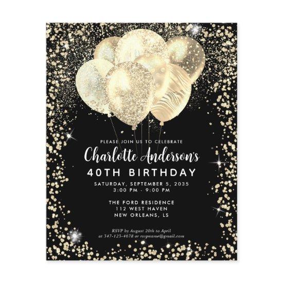 Budget Black Gold Glam Glitter Balloon Birthday Flyer