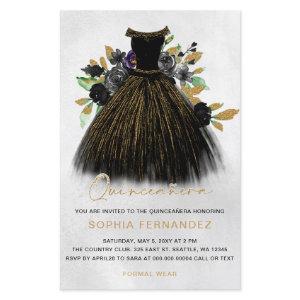 Budget Black Gold Glitter Dress Quinceañera Invite