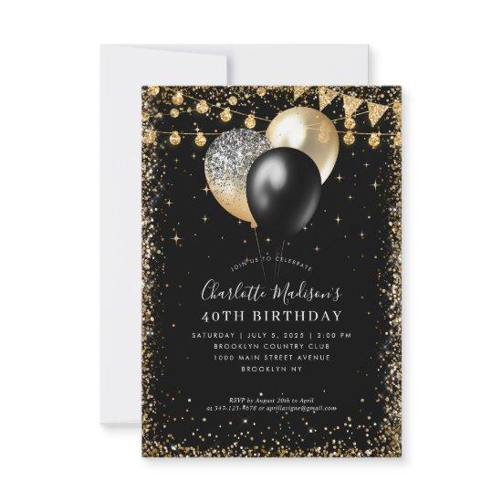 Budget Black Gold Glitter Lights Balloon Birthday Note Card