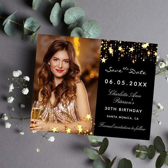 Budget black gold photo birthday Save the Date