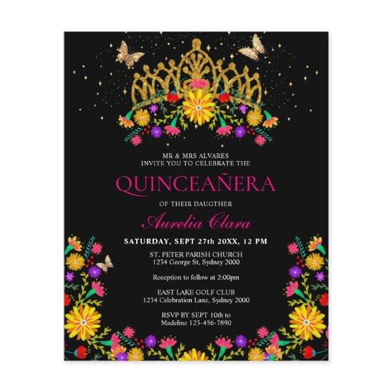 Budget Black Mexican Floral Gold Tiara Quinceanera