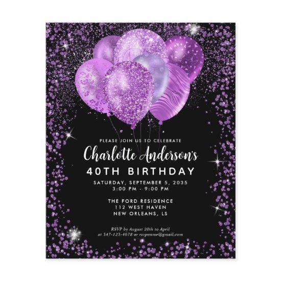 Budget Black Purple Glam Glitter Balloon Birthday Flyer