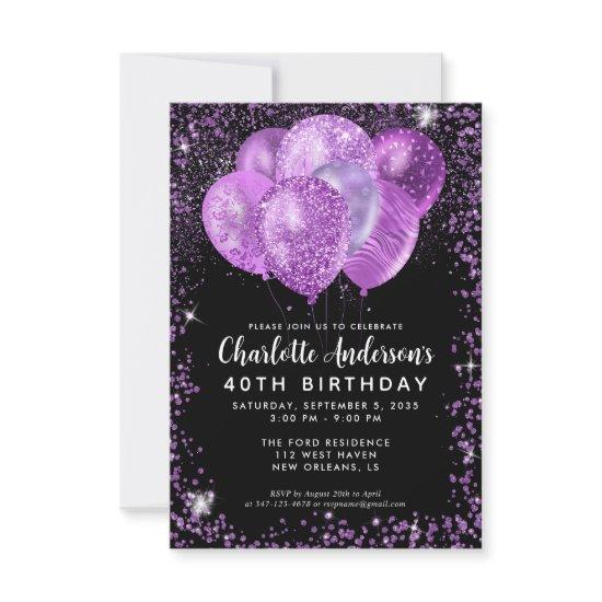 Budget Black Purple Glam Glitter Balloon Birthday Note Card
