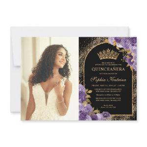 Budget Black Purple Gold Floral Photo Quinceanera Note Card