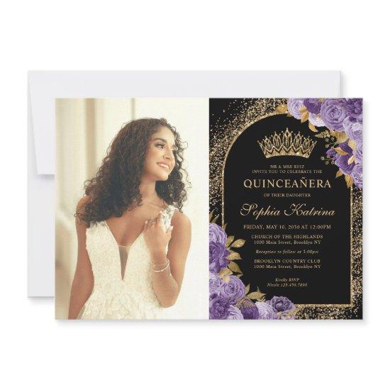 Budget Black Purple Gold Floral Photo Quinceanera Note Card