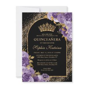 Budget Black Purple Violet Gold Floral Quinceanera Note Card