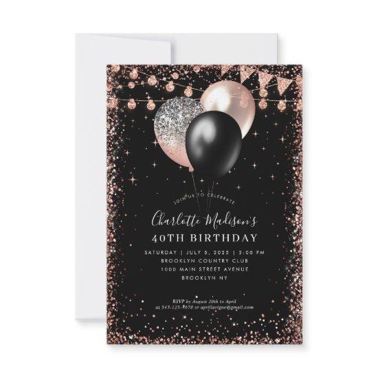 Budget Black Rose Gold Glitter Balloon Birthday Note Card