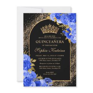 Budget Black Royal Blue Gold Floral Quinceanera Note Card