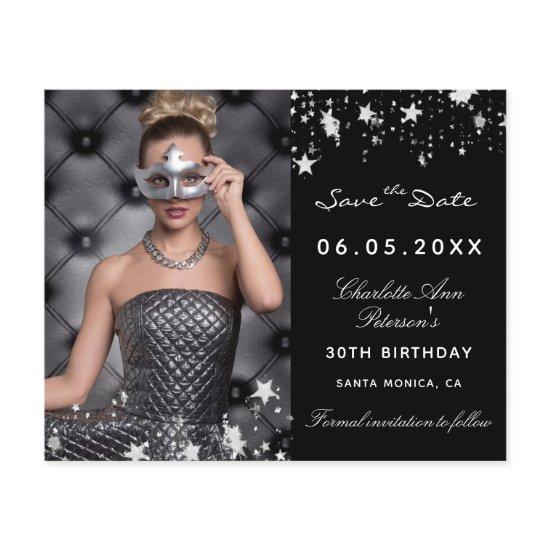 Budget black silver photo birthday Save the Date