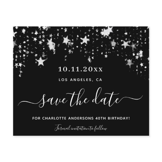 Budget black silver stars birthday save the date