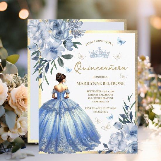 Budget Blue Floral Dress Butterfly Quinceañera