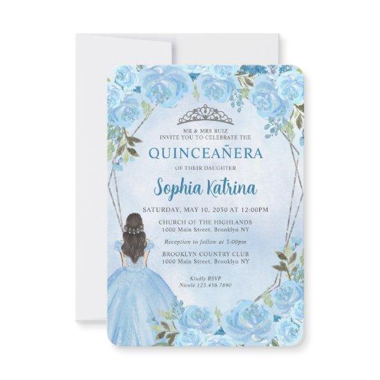 Budget Blue Silver Floral Princess Quinceañera Note Card