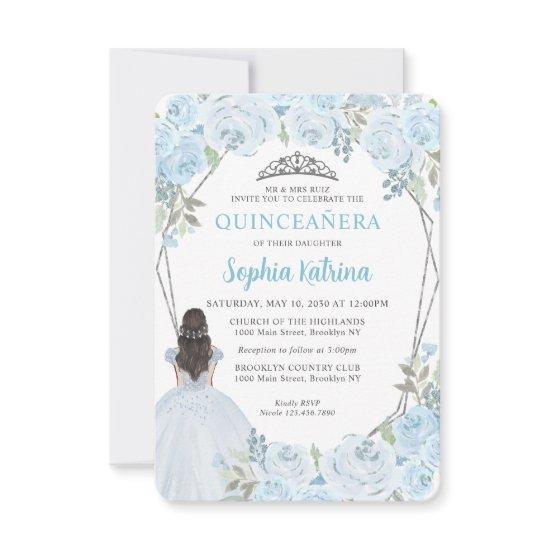 Budget Blue Silver Floral Princess Quinceañera Note Card
