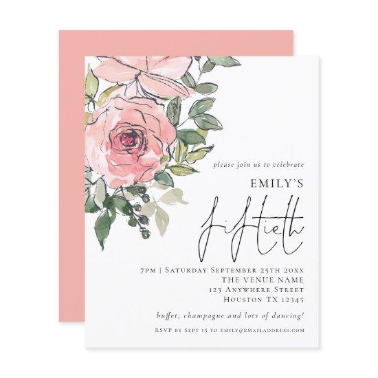 Budget Blush Florals Fiftieth Birthday Invite