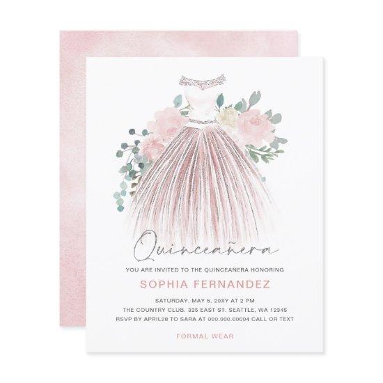 Budget Blush gold glitter Dress Quinceañera Invite