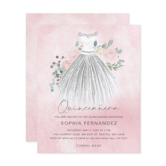 Budget Blush gold glitter Dress Quinceañera Invite