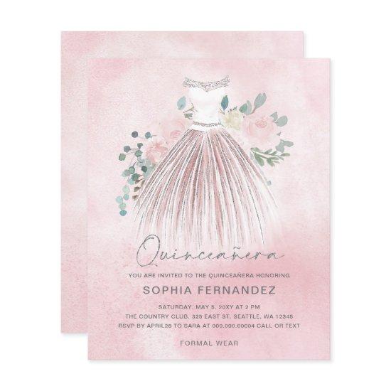 Budget Blush gold glitter Dress Quinceañera Invite