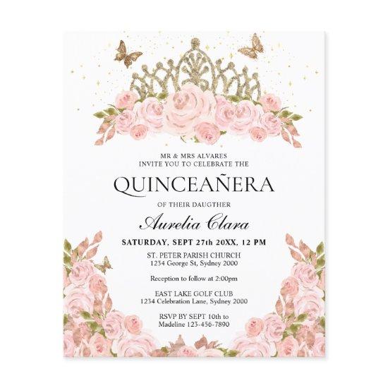 BUDGET Blush Pink Floral Gold Tiara Quinceanera