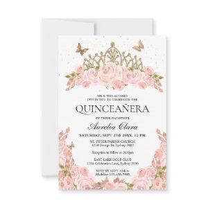 BUDGET Blush Pink Floral Gold Tiara Quinceanera Note Card