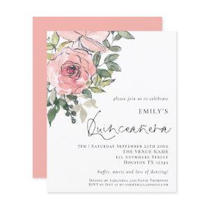 Budget Blush Pink Florals Quinceañera Invite