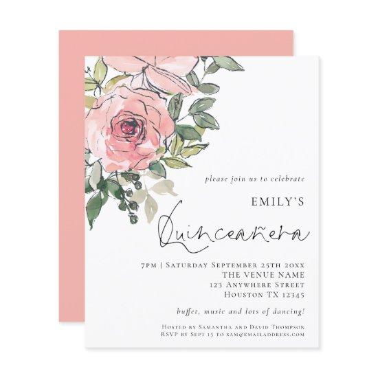 Budget Blush Pink Florals Quinceañera Invite