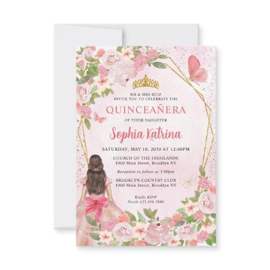 Budget Blush Pink Gold Floral Princess Quinceañera Note Card