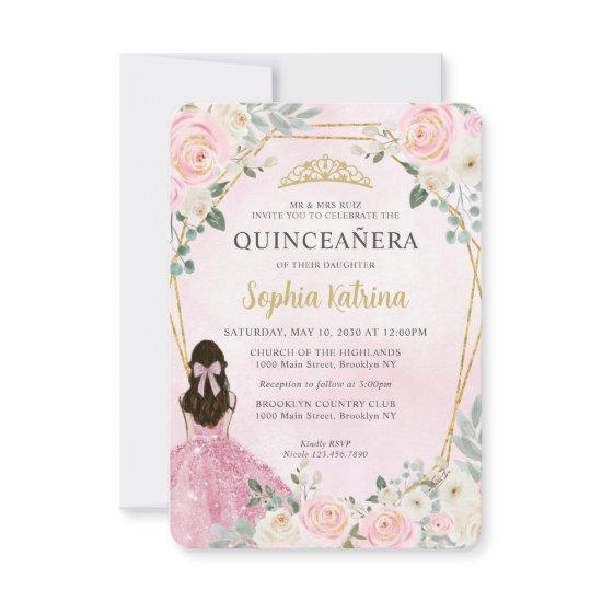Budget Blush Pink Gold Floral Princess Quinceañera Note Card