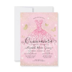 Budget Blush Pink Gold Glitter Gown Quinceanera Note Card