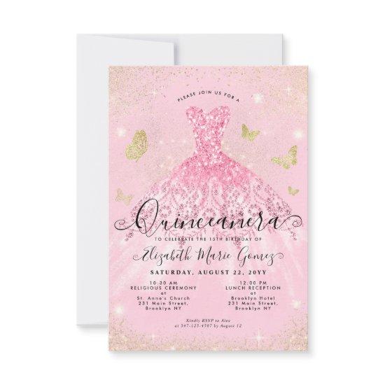 Budget Blush Pink Gold Glitter Gown Quinceanera Note Card