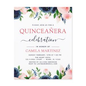 Budget Blush Pink Navy Blue Floral Quinceanera Flyer