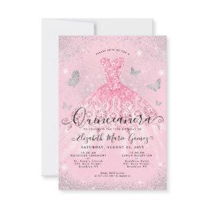 Budget Blush Pink Silver Glitter Gown Quinceanera Note Card