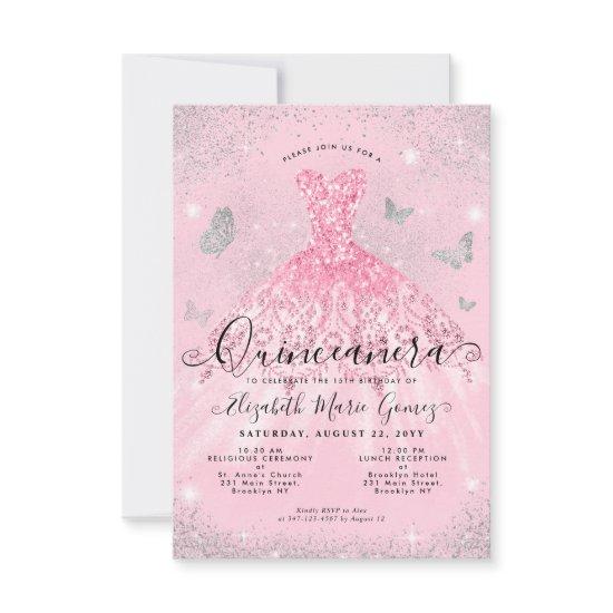 Budget Blush Pink Silver Glitter Gown Quinceanera Note Card