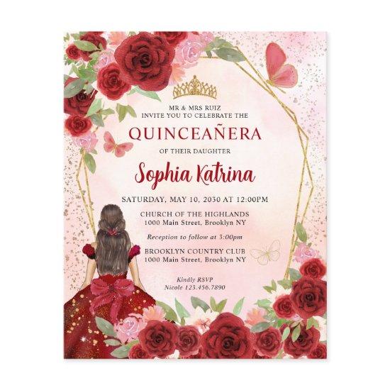 Budget Burgundy Gold Floral Princess Quinceañera