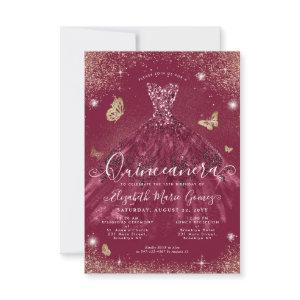 Budget Burgundy Red Gold Glitter Gown Quinceanera Note Card