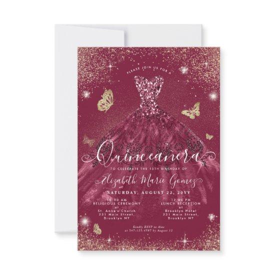 Budget Burgundy Red Gold Glitter Gown Quinceanera Note Card