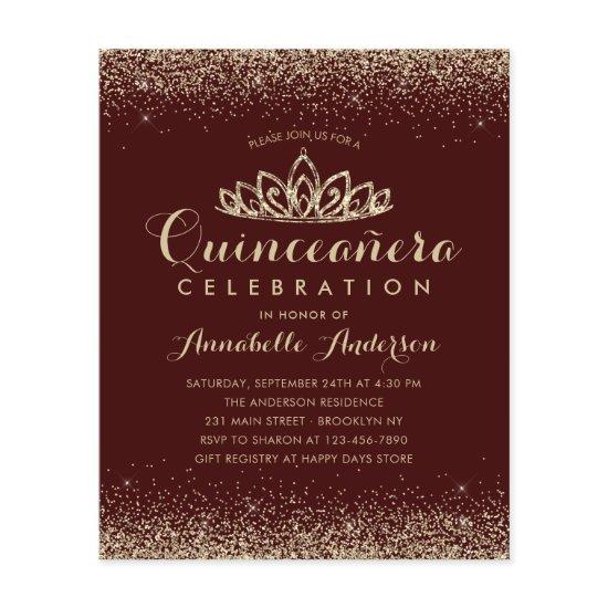 Budget Burgundy Red Gold Quinceañera Tiara Invite