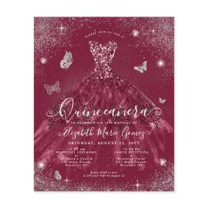 Budget Burgundy Red Silver Gown Quinceanera Invite