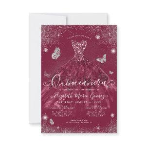 Budget Burgundy Silver Glitter Gown Quinceanera Note Card