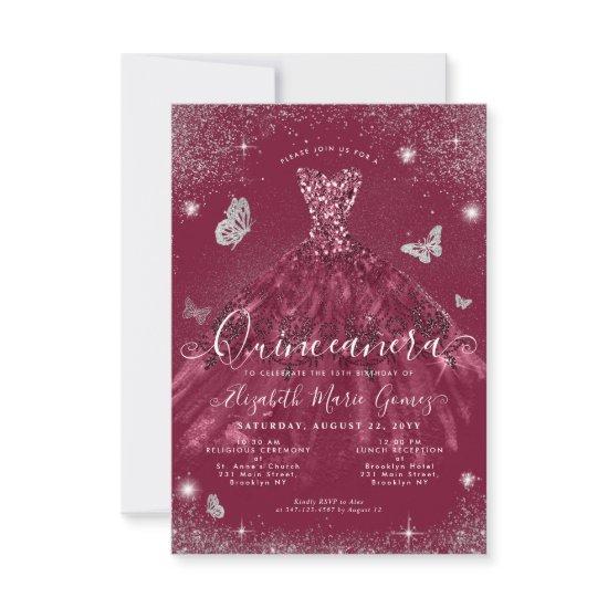 Budget Burgundy Silver Glitter Gown Quinceanera Note Card