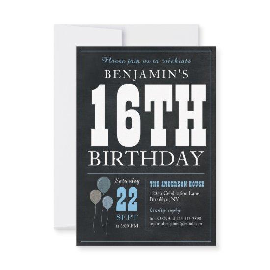 Budget Chic 16th Birthday Chalkboard Blue Balloon Note Card