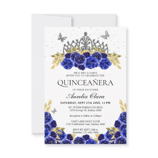 Budget Chic Blue Floral Silver Tiara Quinceanera Note Card