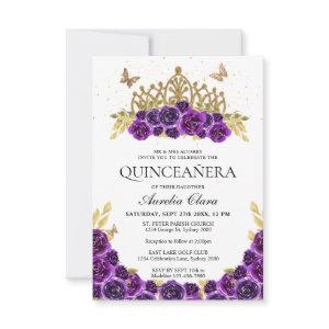 BUDGET Chic Purple Floral Gold Tiara Quinceanera Note Card