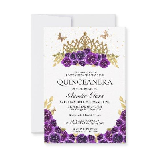 BUDGET Chic Purple Floral Gold Tiara Quinceanera Note Card