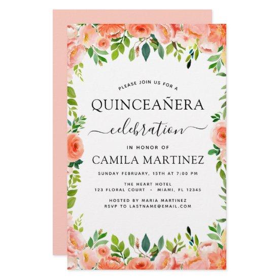 Budget Coral Peach Floral Quinceañera