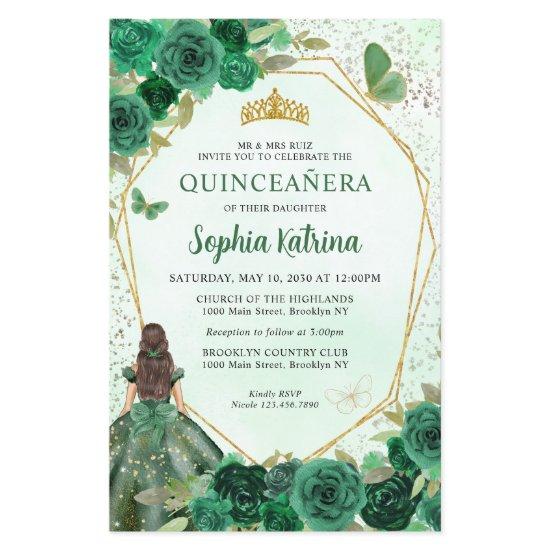 Budget Dark Green Floral Gold Princess Quinceañera